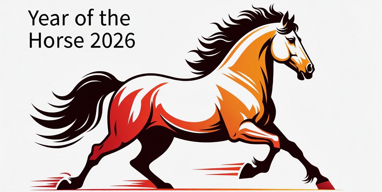 A vibrant stylized illustration of the Chinese zodiac Horse in dynamic motion, with a white background. include the text: 